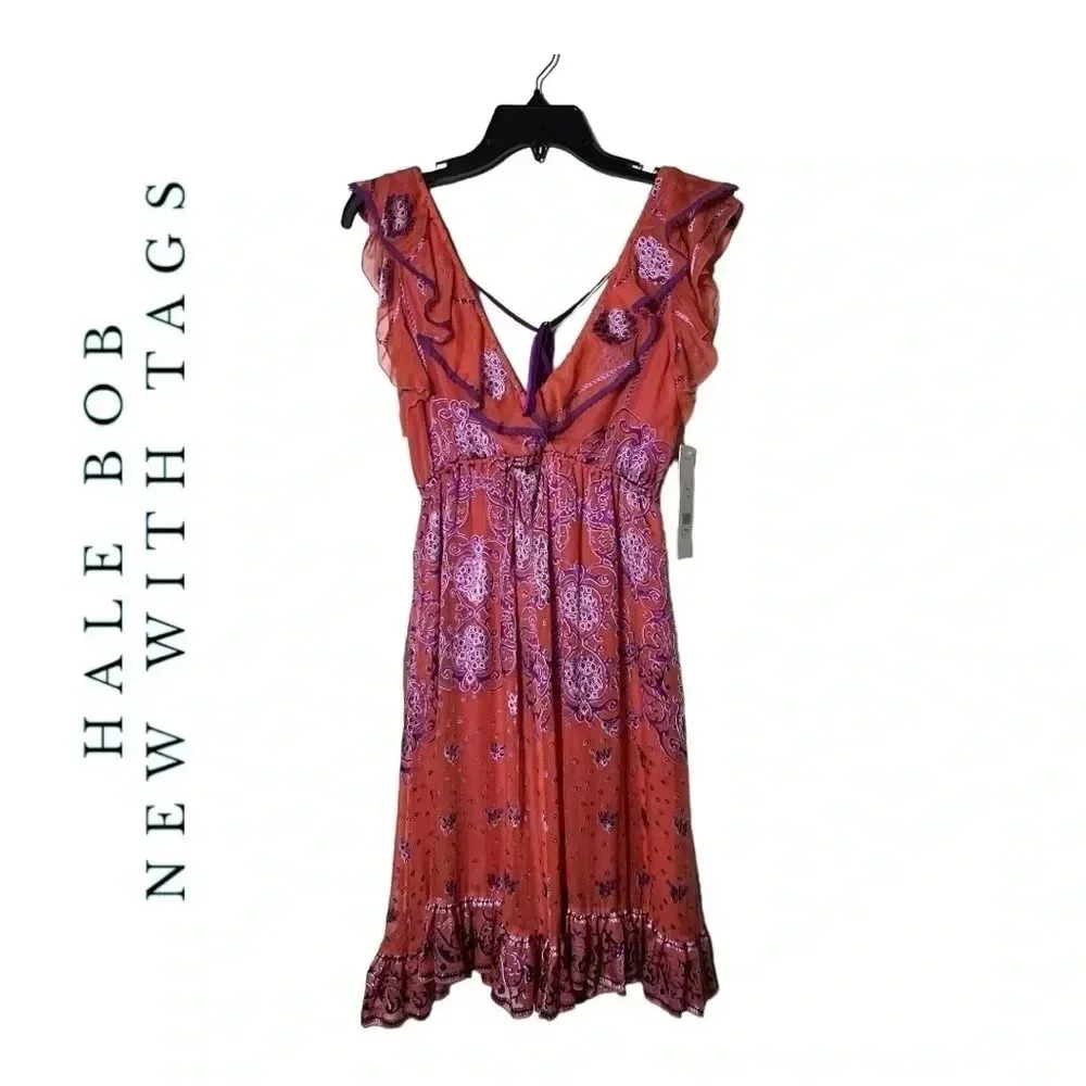 1850. HALE BOB BOHEMIAN MINI DRESS SIZE SMALL ORANGE WITH PURPLE VELVET DESIGN